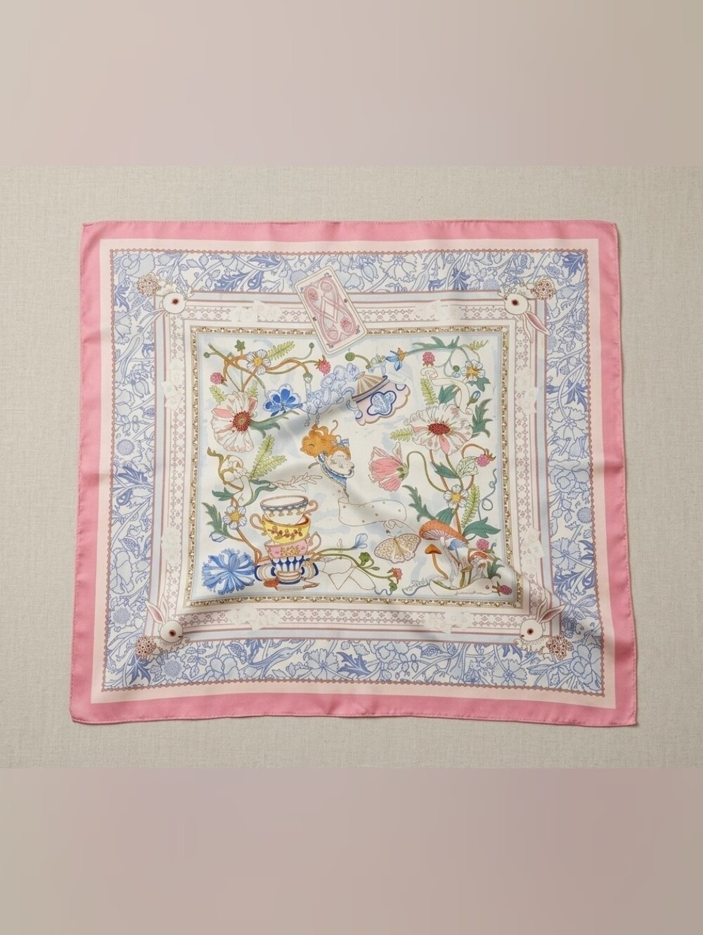 Silk-Feel Patterned Square Headscarf in Pink, Cream and Blue